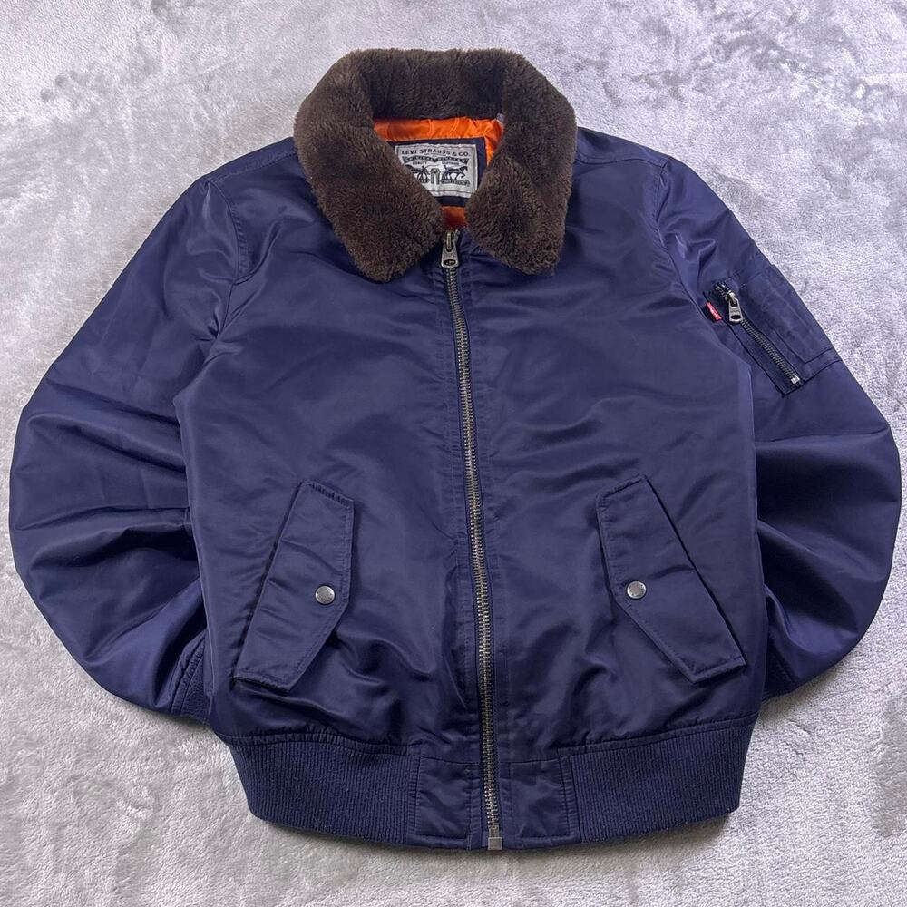 Levi’s Ma-1 Navy Flight Bomber Jacket W/Faux Fur Removable Collar Size Small